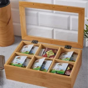 Bambu 6 Bölmeli Çay Kutusu – Cam Kapaklı Ahşap Poşet Çay Organizeri