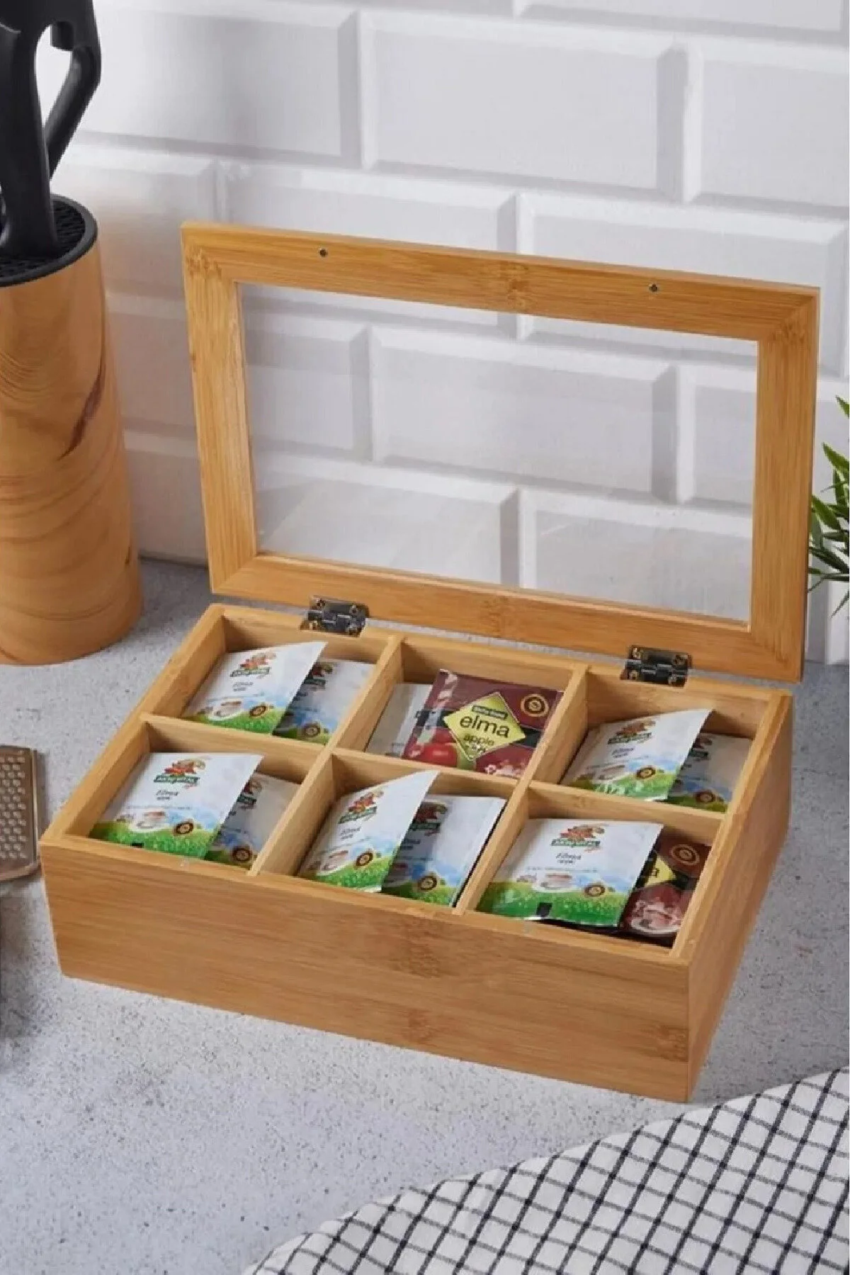 Bambu 6 Bölmeli Çay Kutusu – Cam Kapaklı Ahşap Poşet Çay Organizeri