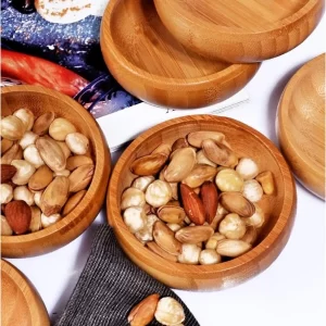 4'lü Yuvarlak Bambu Çerezlik Seti – Doğal Ahşap Sosluk & Kahvaltı Sunum Kasesi