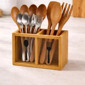 2 Bölmeli Bambu Tezgah Üstü Kaşıklık – Ahşap Çatal Kaşık Düzenleyici Stant (13x16 cm)