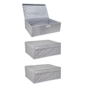 3'lü Baza İçi Kapaklı Düzenleyici Kutu – 50x40x19 cm Gri Çizgili Saklama Hurcu