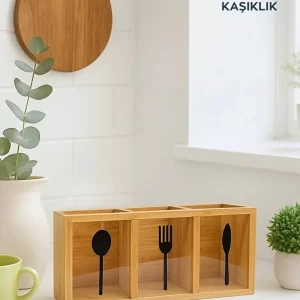 3 Bölmeli Bambu Tezgah Üstü Kaşıklık – Ahşap Çatal Bıçak Düzenleyici Stant (26x13 cm)