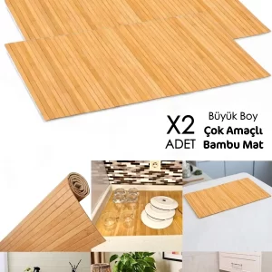 2'li Naturel Bambu Banyo & Mutfak Matı (40x70 cm) – Kaydırmaz Çamaşır Makinesi Örtüsü & Bulaşık Kurutma Matı