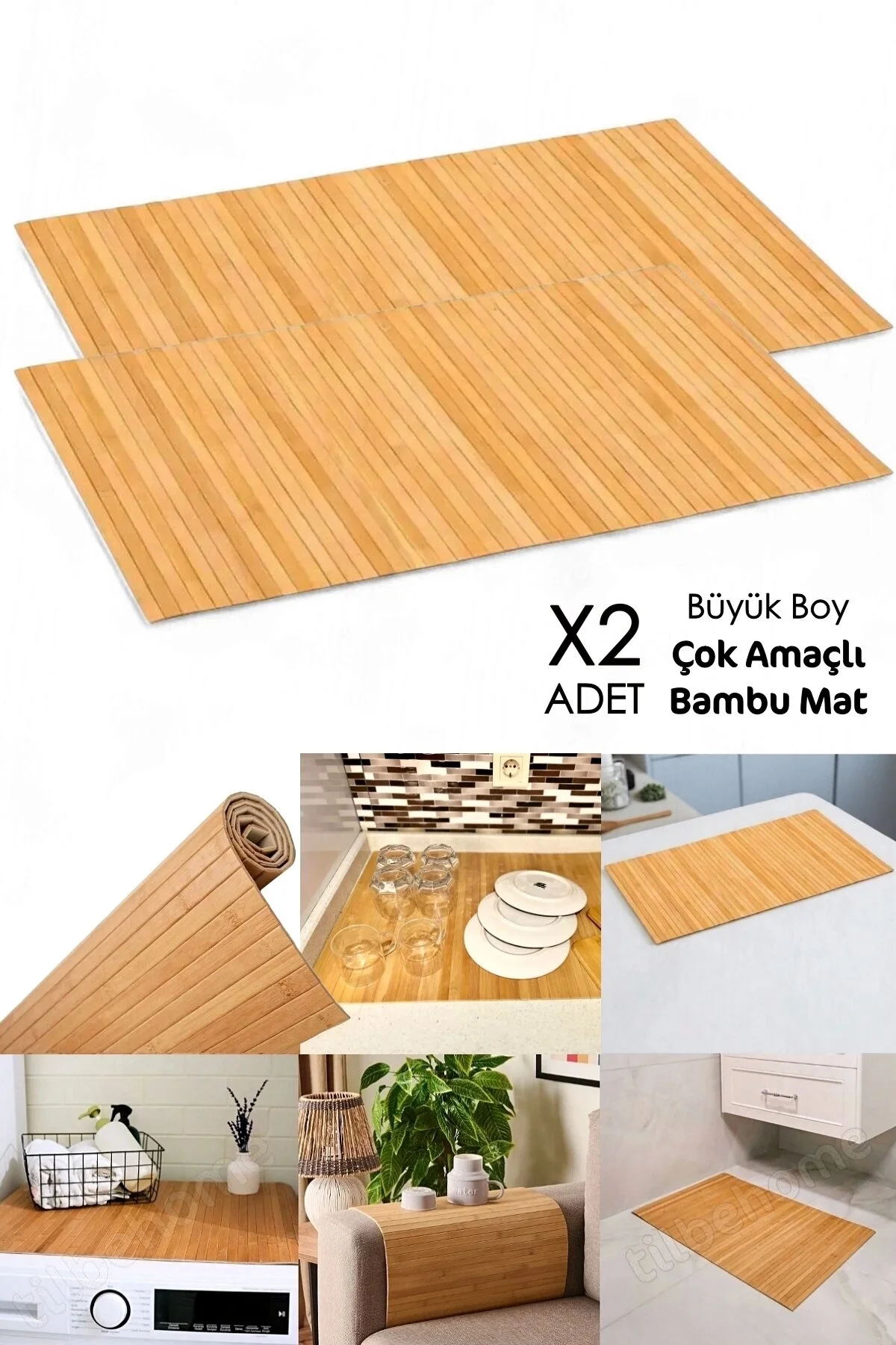 2'li Naturel Bambu Banyo & Mutfak Matı (40x70 cm) – Kaydırmaz Çamaşır Makinesi Örtüsü & Bulaşık Kurutma Matı