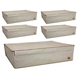 5'li Baza İçi Kapaklı Düzenleyici Kutu Seti – 50x40x19 cm Kahverengi Çizgili Saklama Hurcu