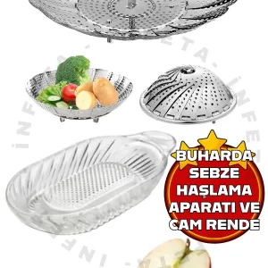 Paslanmaz Çelik Buharda Sebze Haşlama Aparatı & Cam Bebek Rendesi Seti
