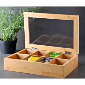 8 Bölmeli Bambu Poşet Çay Kutusu (20x30 cm) – Şeffaf Kapaklı Ahşap Organizer & Takı Aksesuar Kutusu