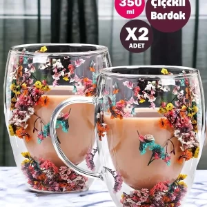 2'li Çift Cidarlı Çiçekli Cam Kupa Seti (350 ml) – El Yapımı Kurutulmuş Çiçek Detaylı Kulplu Kahve & Çay Bardağı